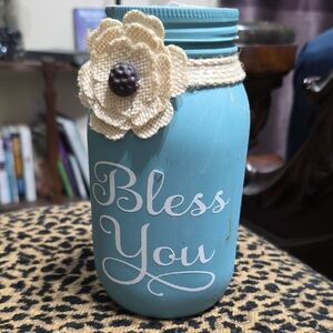 Blue Mason Jar with Cream Flower Accent